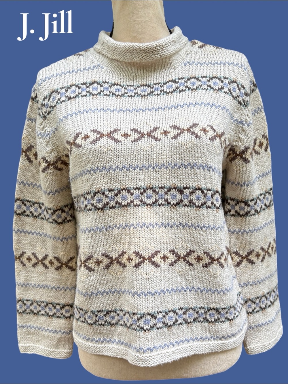 J. Jill Hand Knit, 57% Linen, Fair Isle, Nordic Sweater XS Turtleneck. EUC